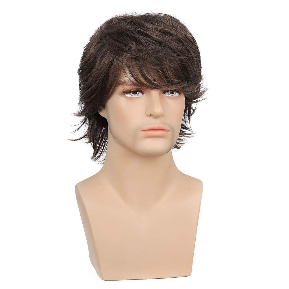 Mens Brown Wig Short Layered Natural Wavy Heat Resistant Synthetic Hair Wigs US