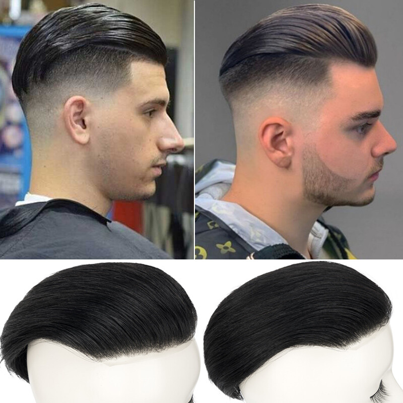 Mens Human Hair Toupee Hairpiece Replacement System Thin PU Skin Short Buzz Cut