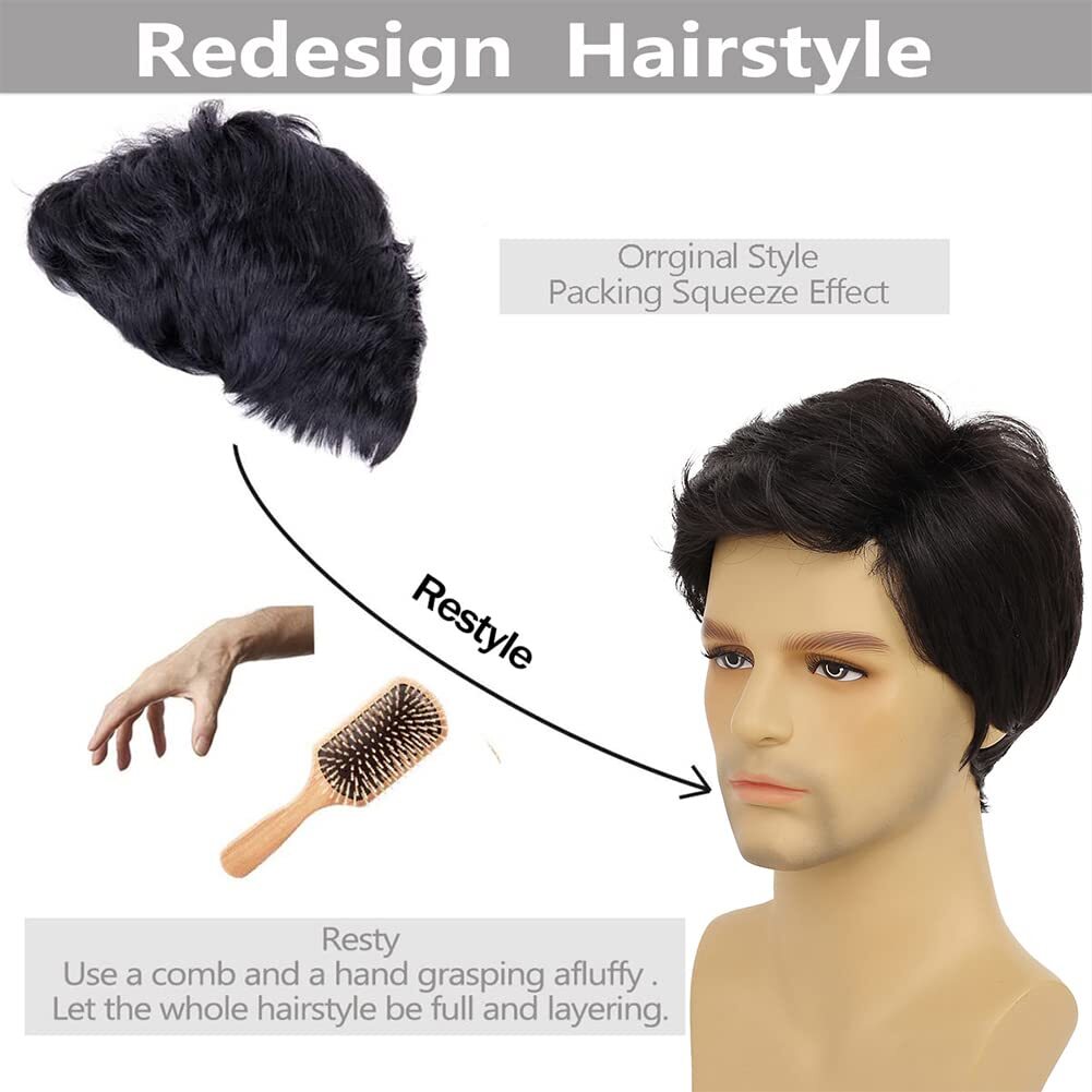 Handsome Adult Men Short Wavy Wig Natural Black Cosplay Party Layered Full Hair