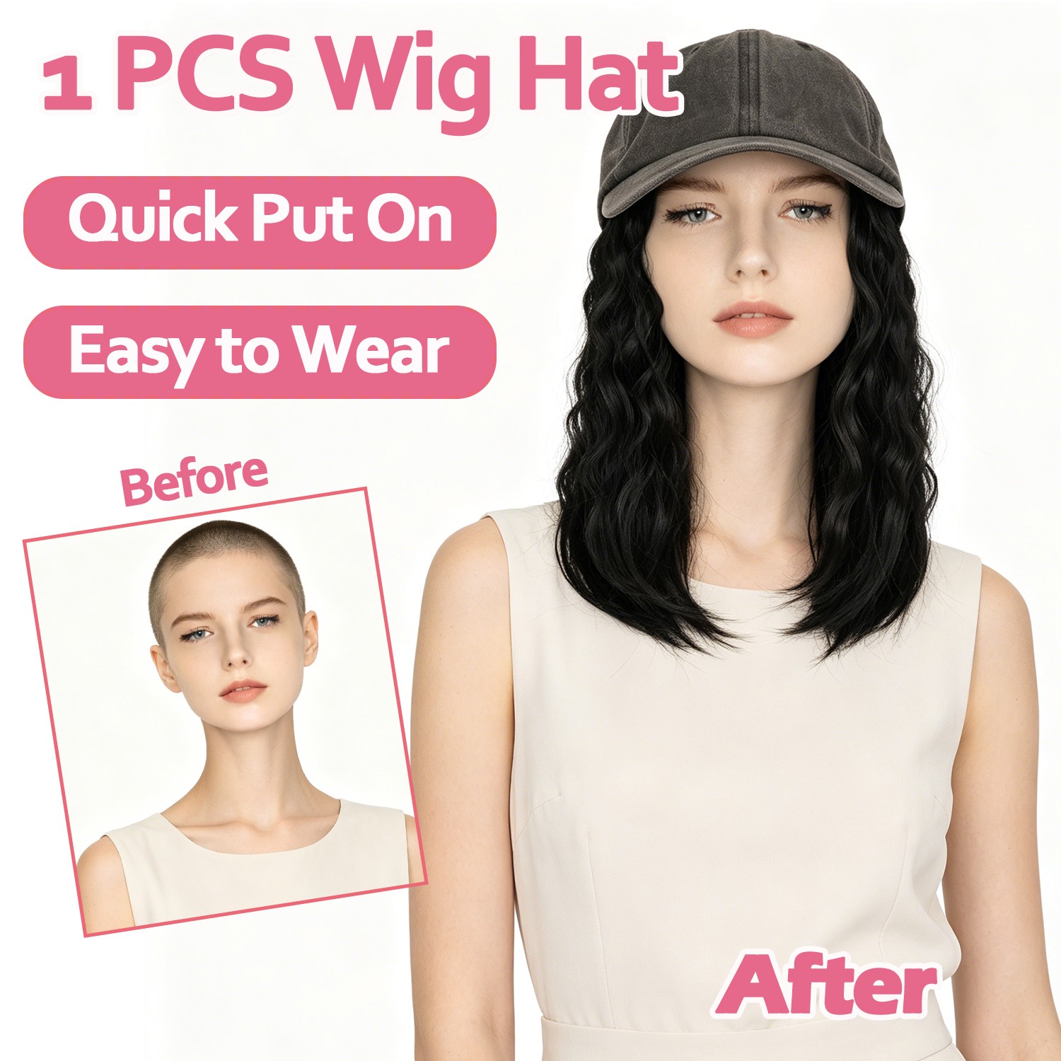 8in Cap with Hair Attached For Women Wig Hat with Hair Short Bob Style Synthetic