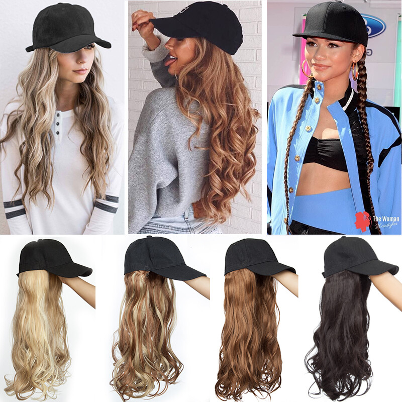 100% REAL Baseball Hat Cap with Hair Extensions AS Human Long Ponytail Hairpiece
