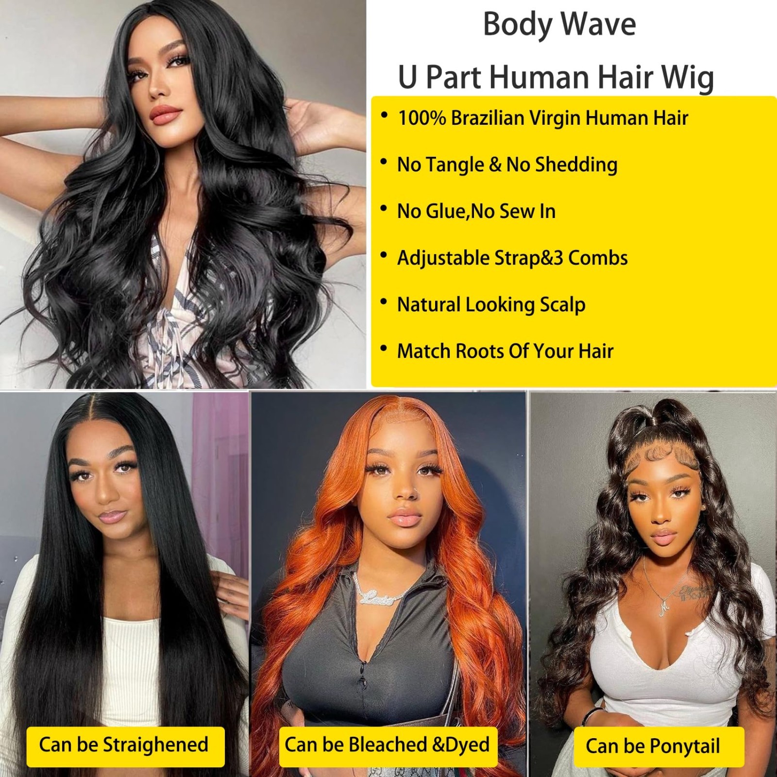 22″ U Part Human Hair Wig – Body Wave, 180% Density, Glueless Clip-In for Black
