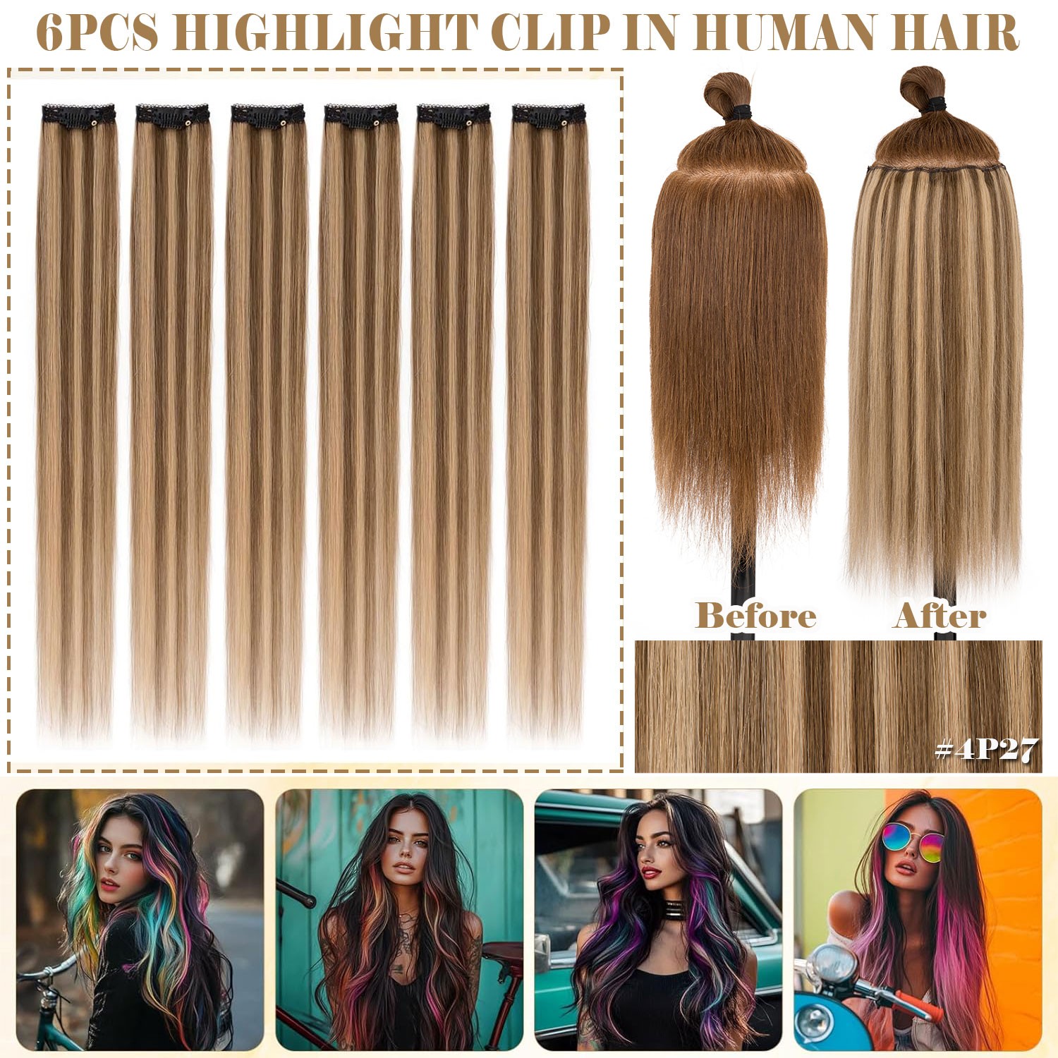 Lace Weft 6Pieces Clip in 100% Remy Human Hair Extensions Real Hair Half Head US