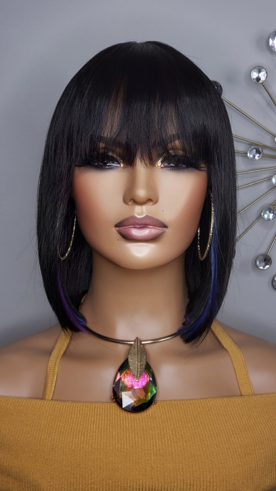 New Short Human Hair Blend Straight Bob Wrap Full Cap Wig Black Blue Purple Wig