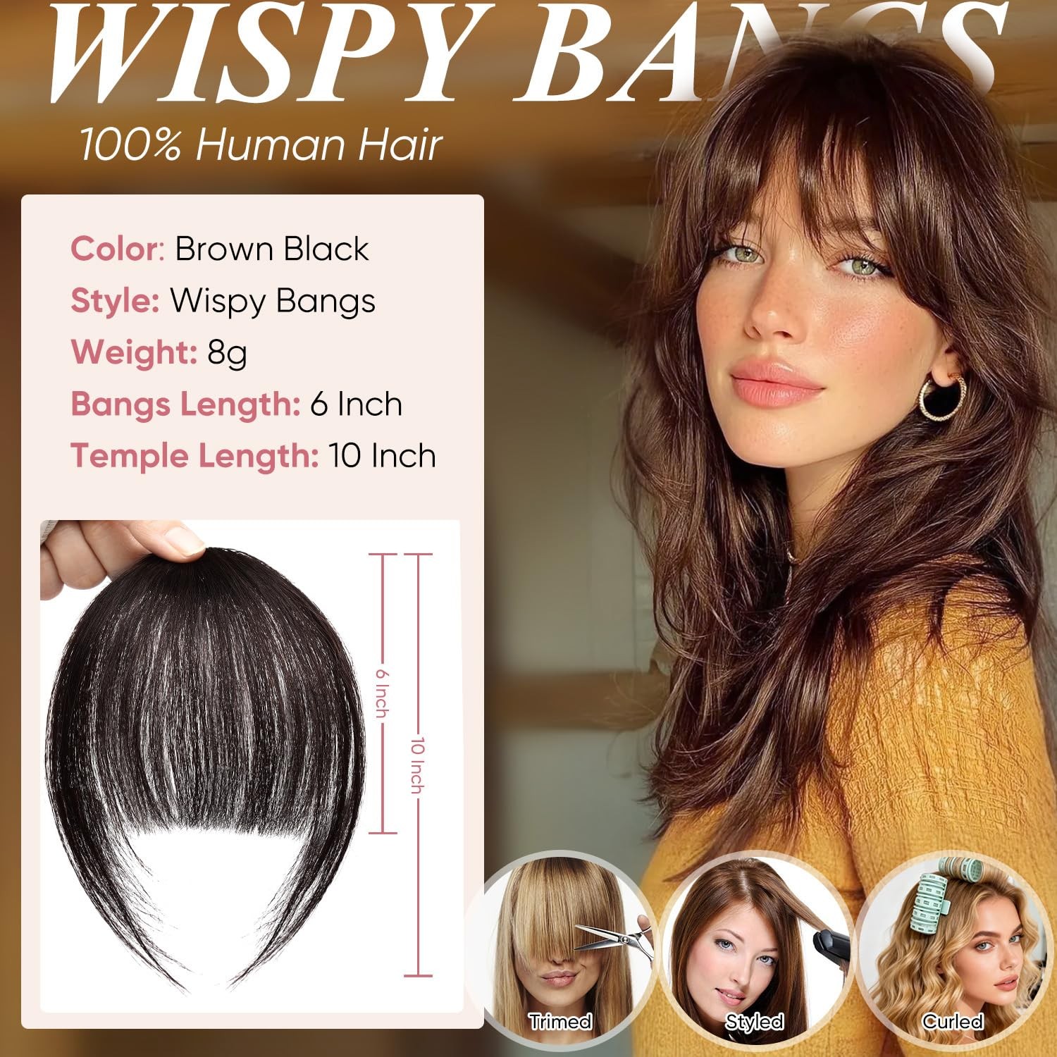 Clip in Bangs 100% Real Human Hair Extensions Wispy Brown Black Thin Bangs