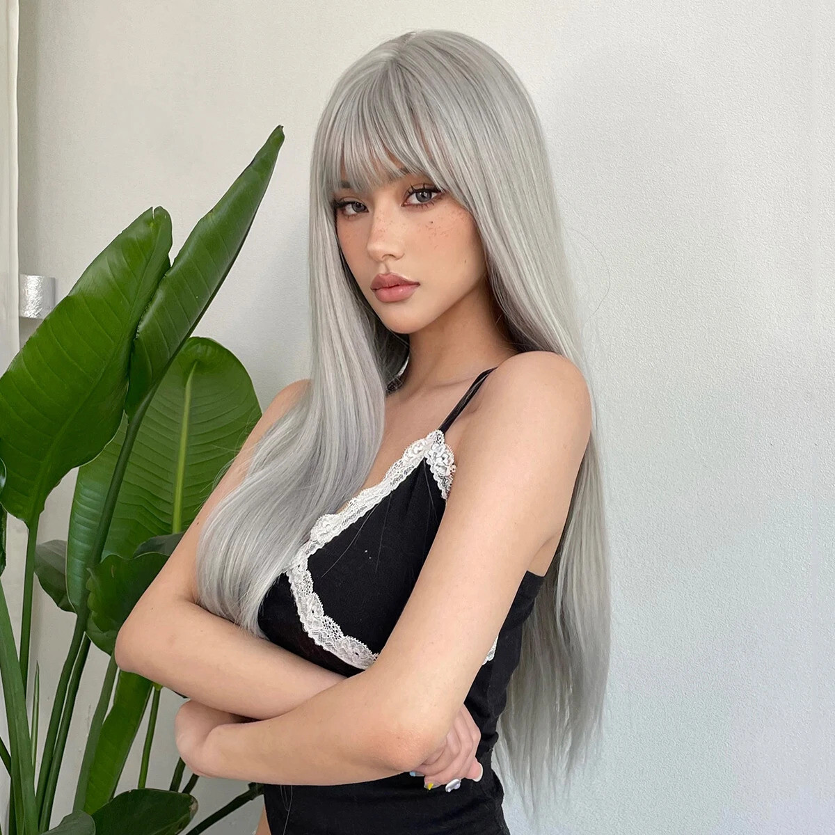 Silver Ash Gray Long Straight Synthetic Wigs Natural Hair with Bangs White Women