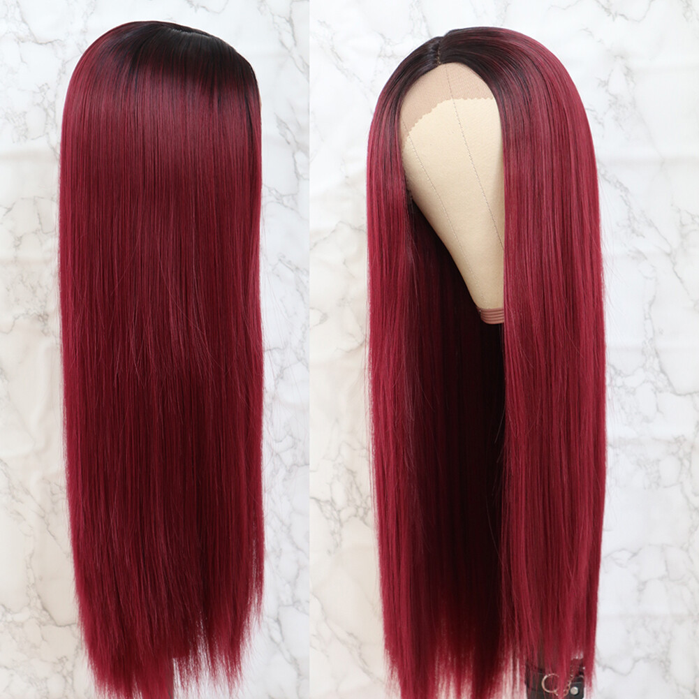 Long Straight Soft Hair Ombre Burgundy Synthetic Lace Front Wigs Heat Resistant