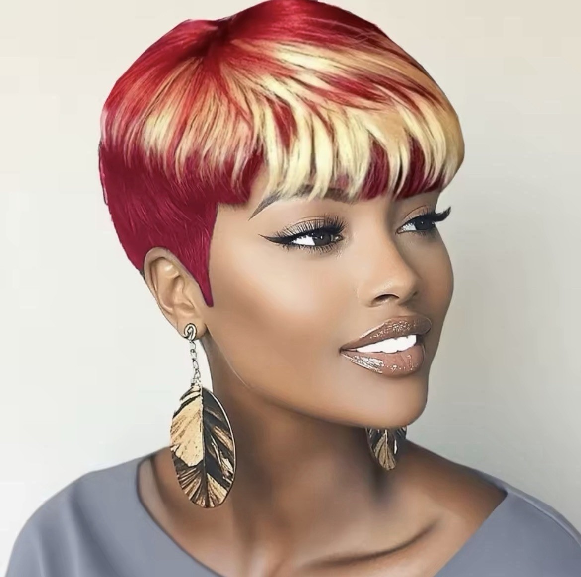 Women Straight Pixie Cut Wig Red/Blonde Highlights Colored Fashion Short Style