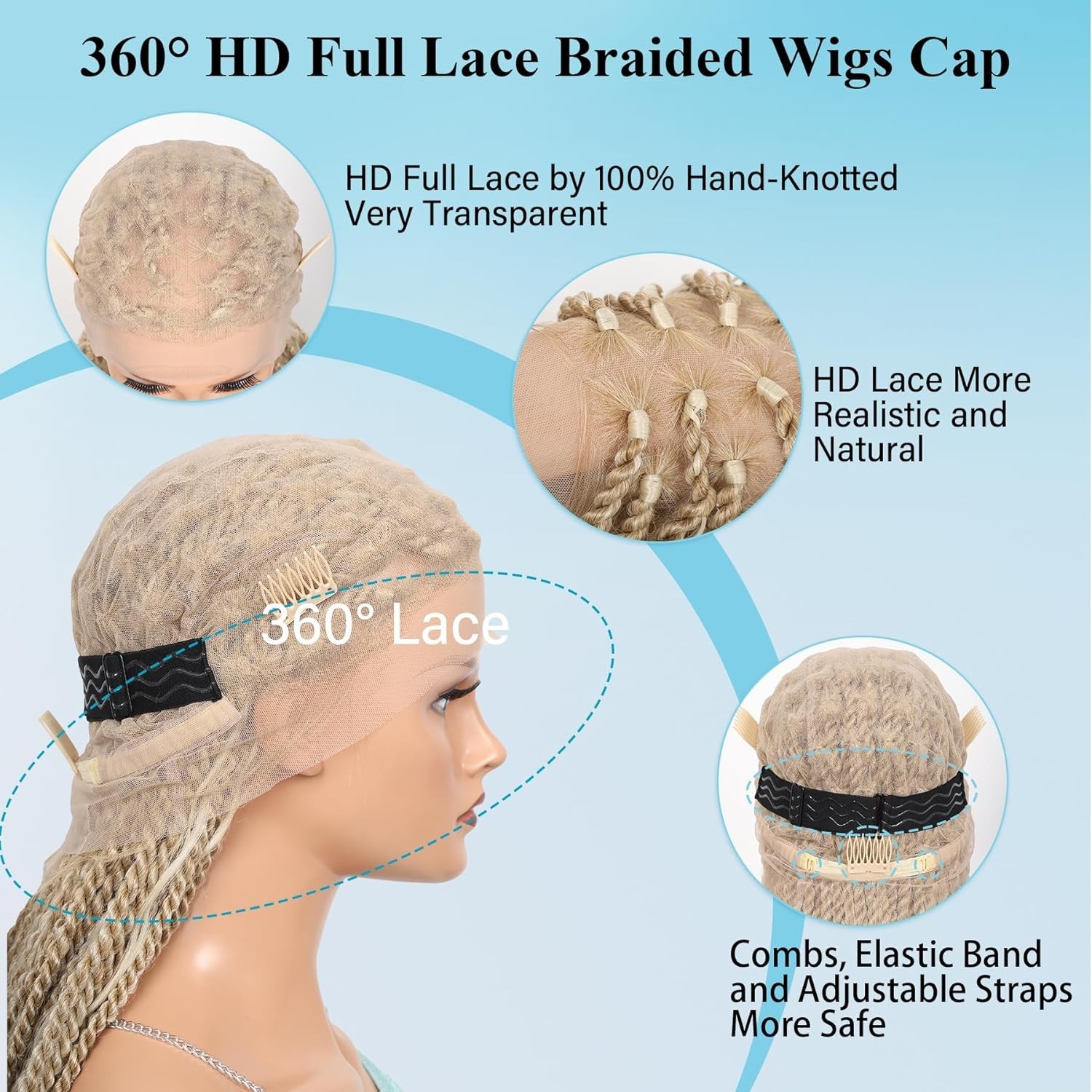 Braided Wig Light Blonde Boho Box Braids Full Lace Glueless Curly Ends 32″ Long