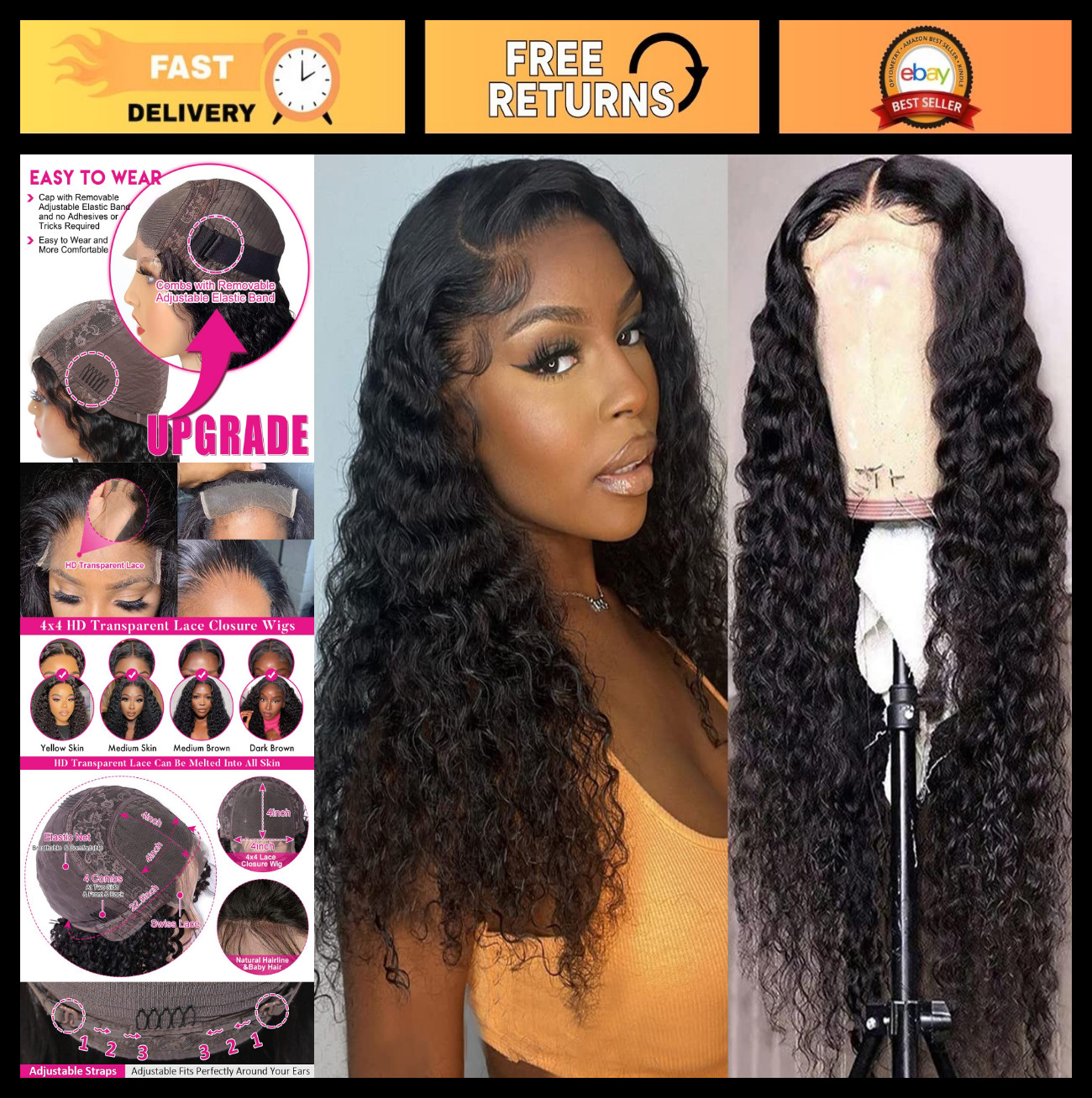 180% Density Deep Wave Lace Front Wig – 4X4 HD Transparent Closure, Glueless, Na