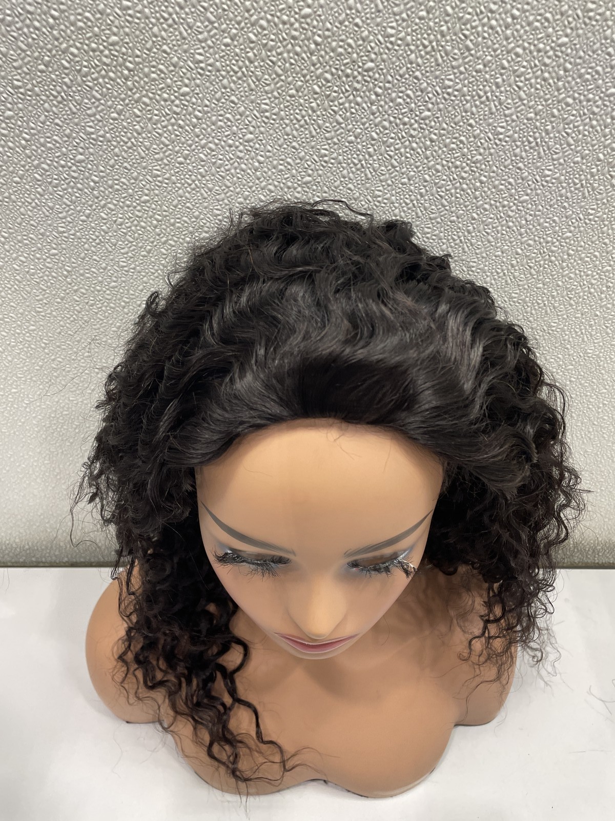 Natural Black Deep Wave Human Hair Blend Glueless Half Wig, 20″