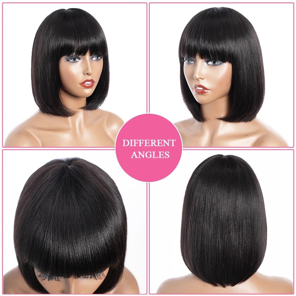 Short Bob Wig Human Hair with Bangs Straight Bob Wig with Bang Machine Made Wig
