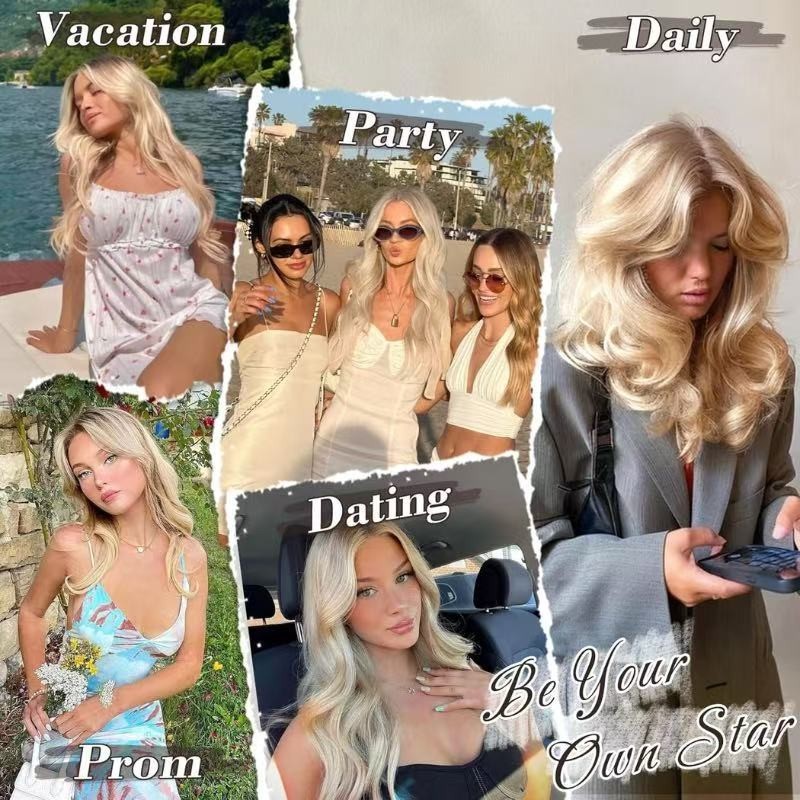 Blonde Wig Long Curly Wavy Synthetic Hair With Bangs Women Party Daily Wear