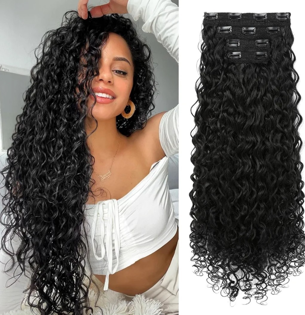 LONAI 4PC Clip in Hair Extensions 26 Inch Curly Silk Natural Black Color