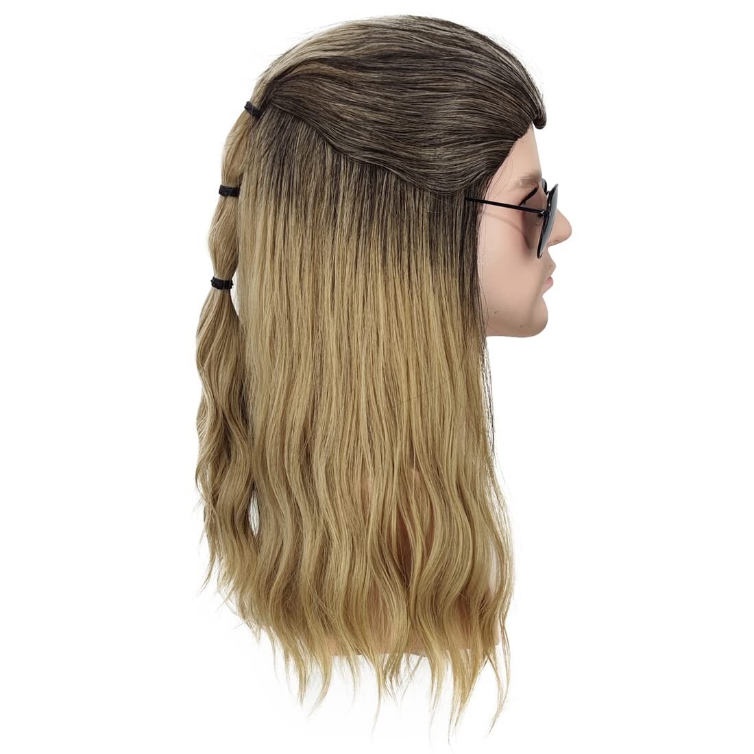 Men Long Curly Wave Wigs Male Cosplay Hair Ombre Ash Blonde Costume Toupee w/Cap