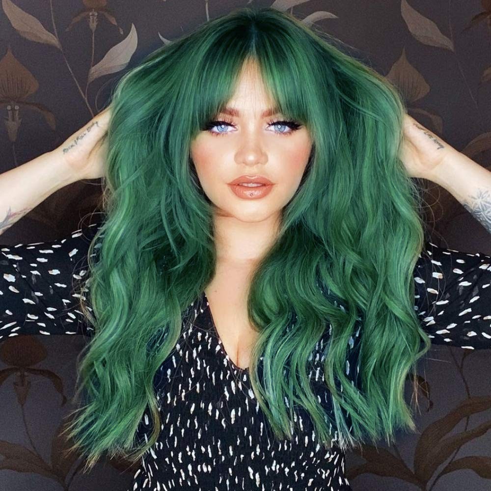 Green Wig with Bangs Blue Color Wig Wet and Wavy Long Loose Curly Wave Synthe…