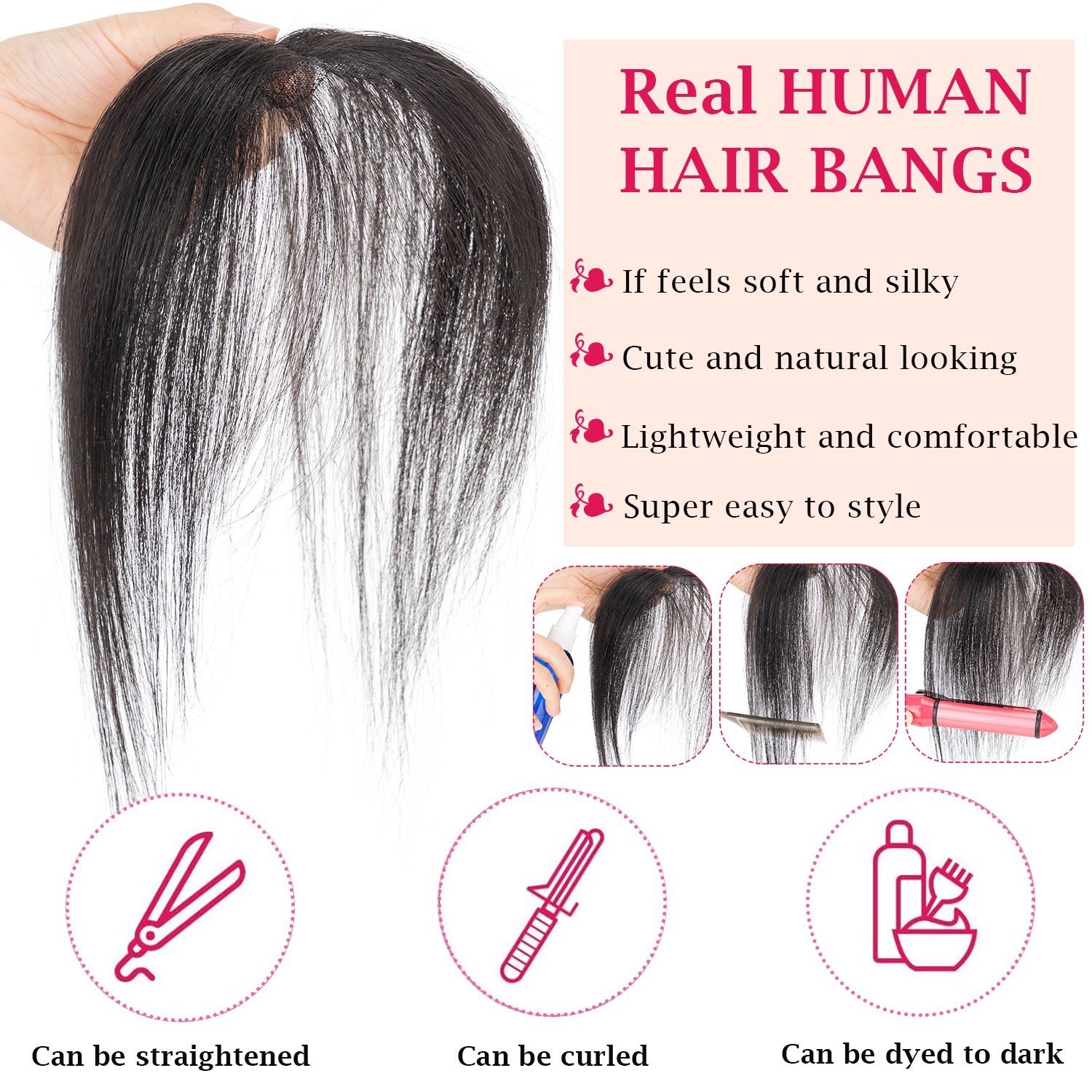 US Clip In 100% Remy Air Fringe Bangs Human Hair Extensions Hairpiece Top Topper