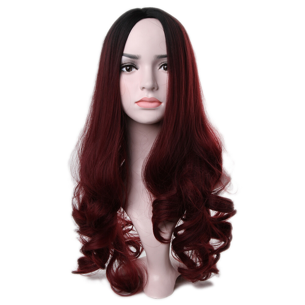 Long Ombre Black root Burg Wavy Synthetic Hair Wig Cos Glueless Wig Heat Safe