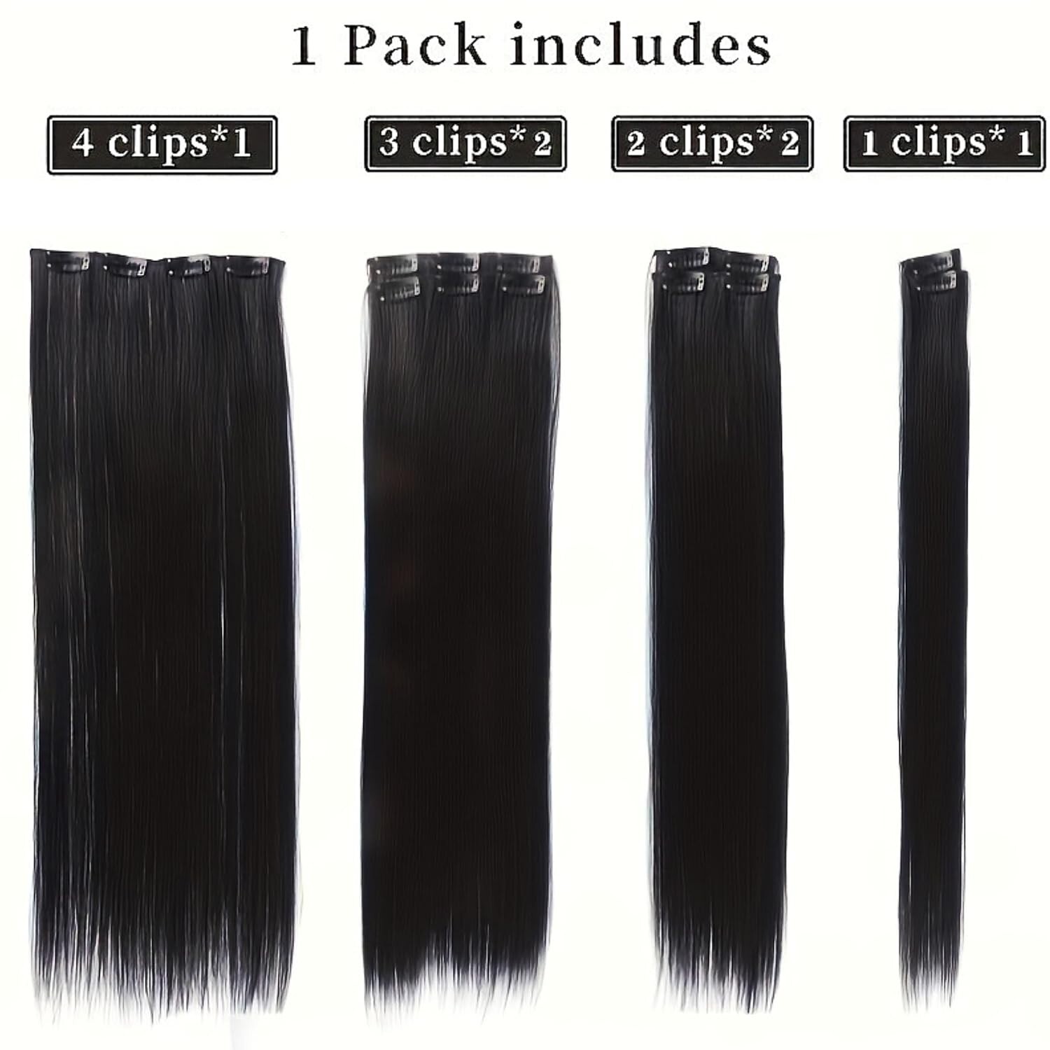 Seamless Clip-in Hair Extensions – 7 Pieces, 140g Synthetic US 24 Inch, Black