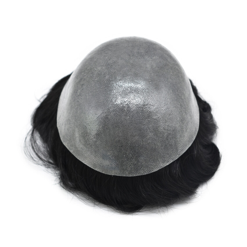 Full PU Mens Toupee Durable Poly Invisible Thin Skin Human Hairpiece Wig PAPY