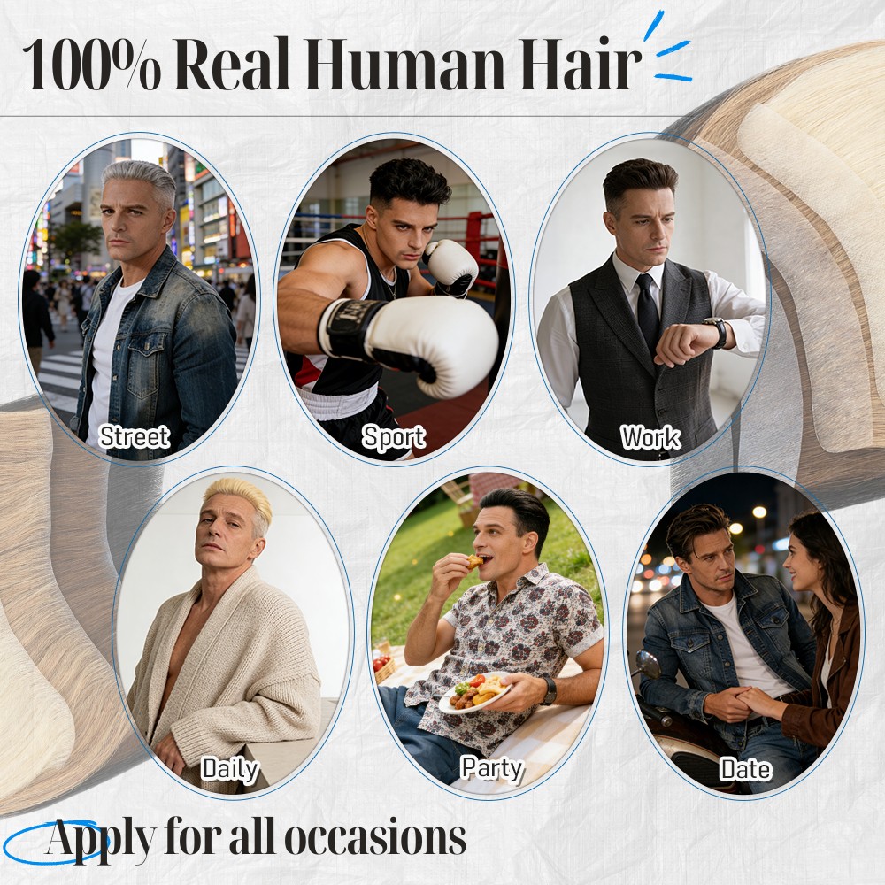 100% Real Men’s Forehead Toupee Human Hair Frontal Receding Hairline Hairpiece