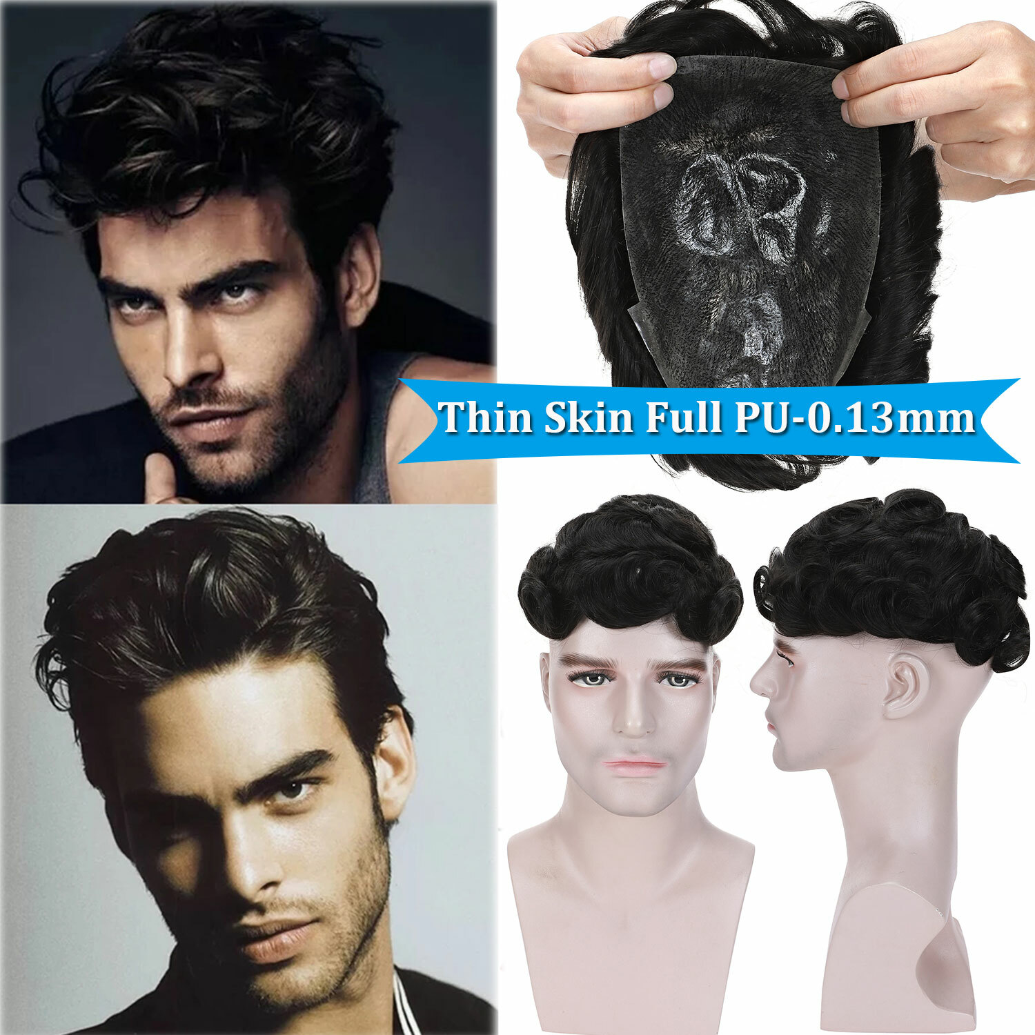 Men 100% Human Hair Replacement System Hairpiece Skin PU Base Toupee Black/Brown