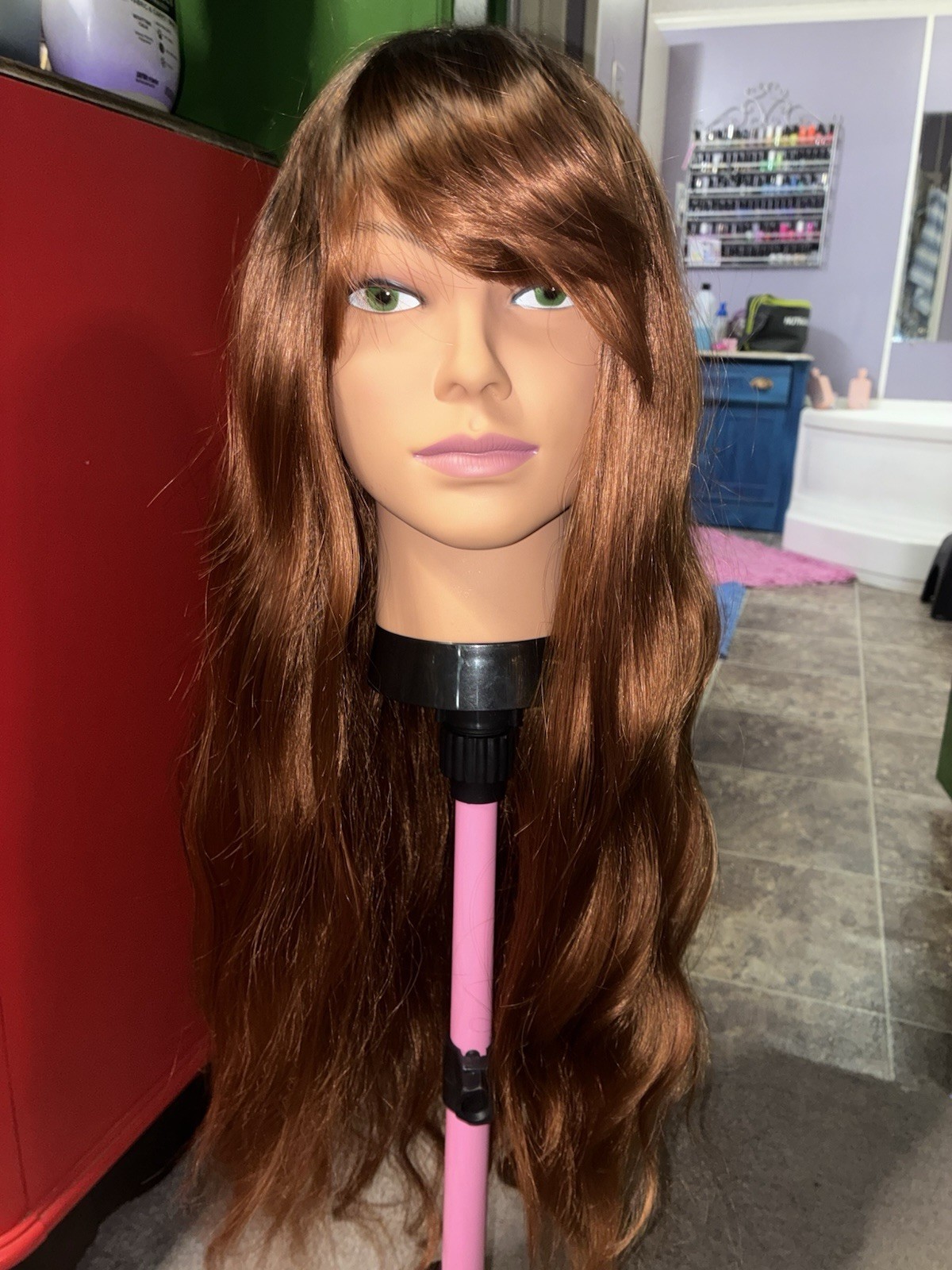 Long Wavy ginger Synthetic Wig with Bangs C-Part Classic Cap Adjustable Strap