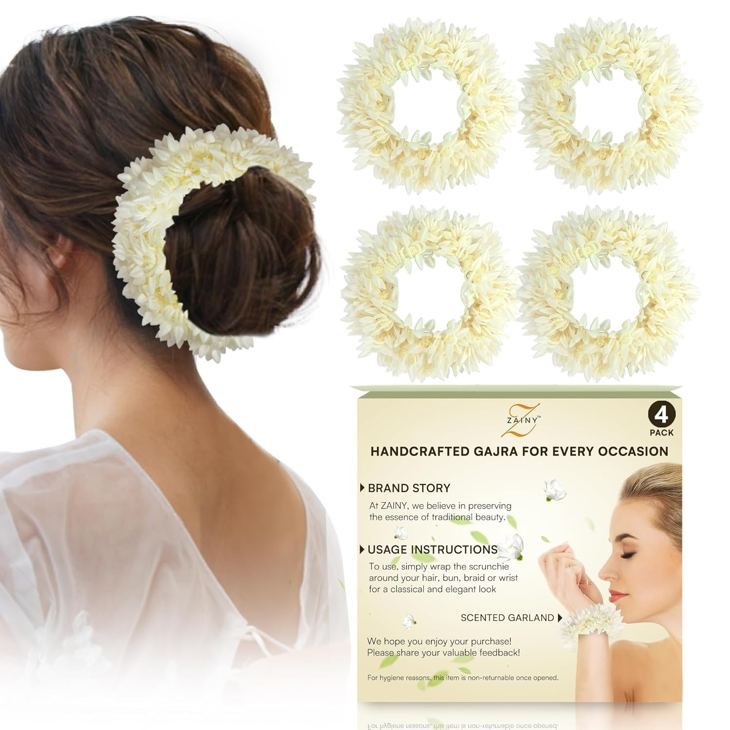 6 Pack Mogra Gajra for Hair Indian Bun, Artificial Fabric Jasmine Flowers Hairbu