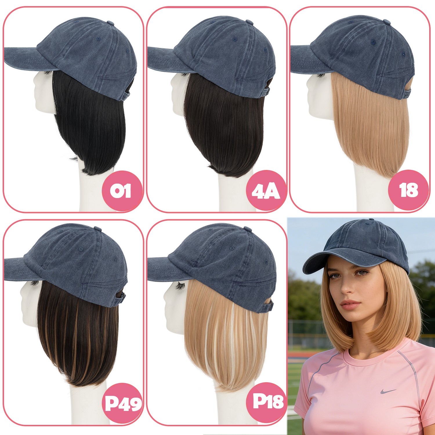 Instant Style 6″ Straight Cap Wig Adjustable Baseball Hat with Attached Hair Wig