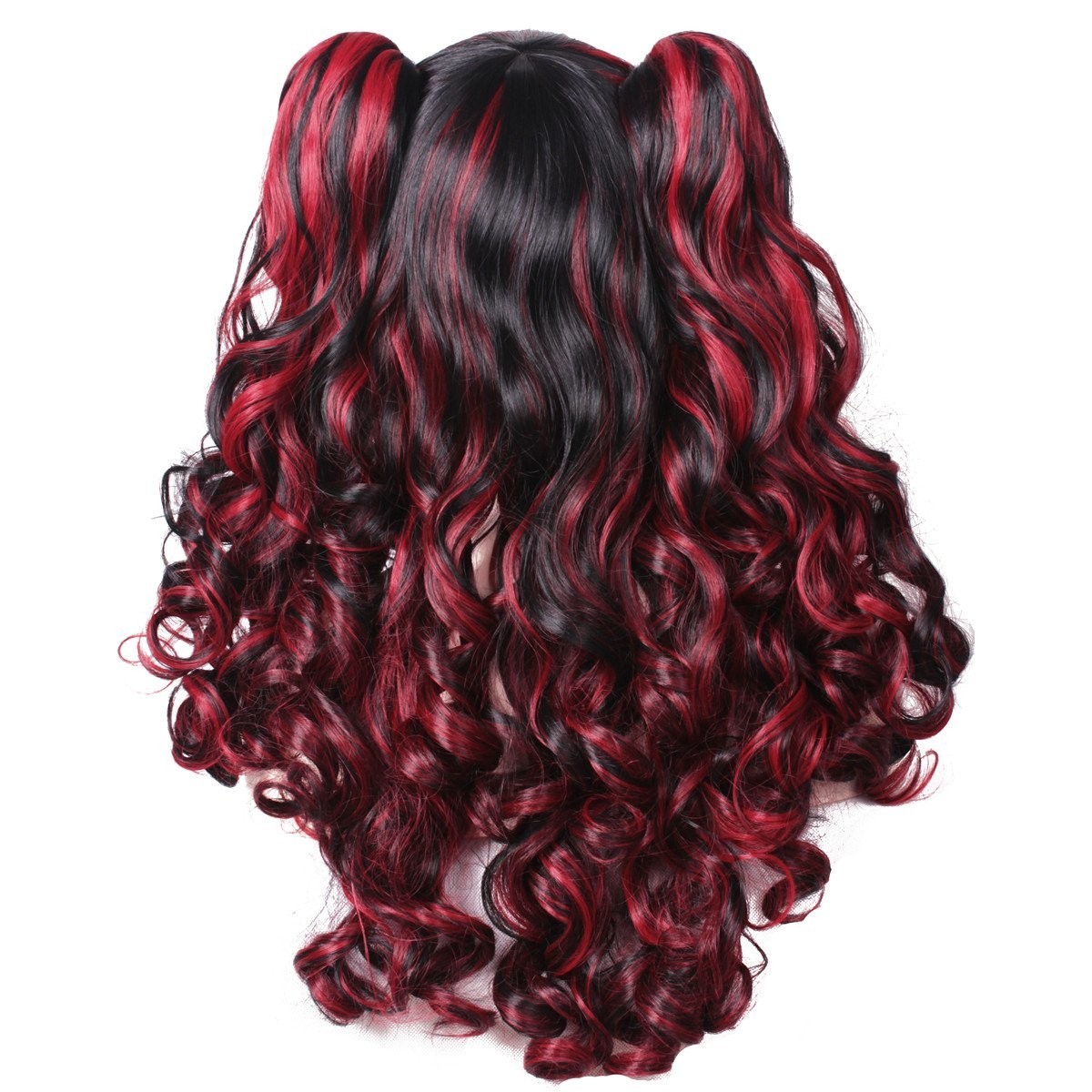 Long Curly Multi-Color Cosplay Wig with 2 Ponytails Black with Red