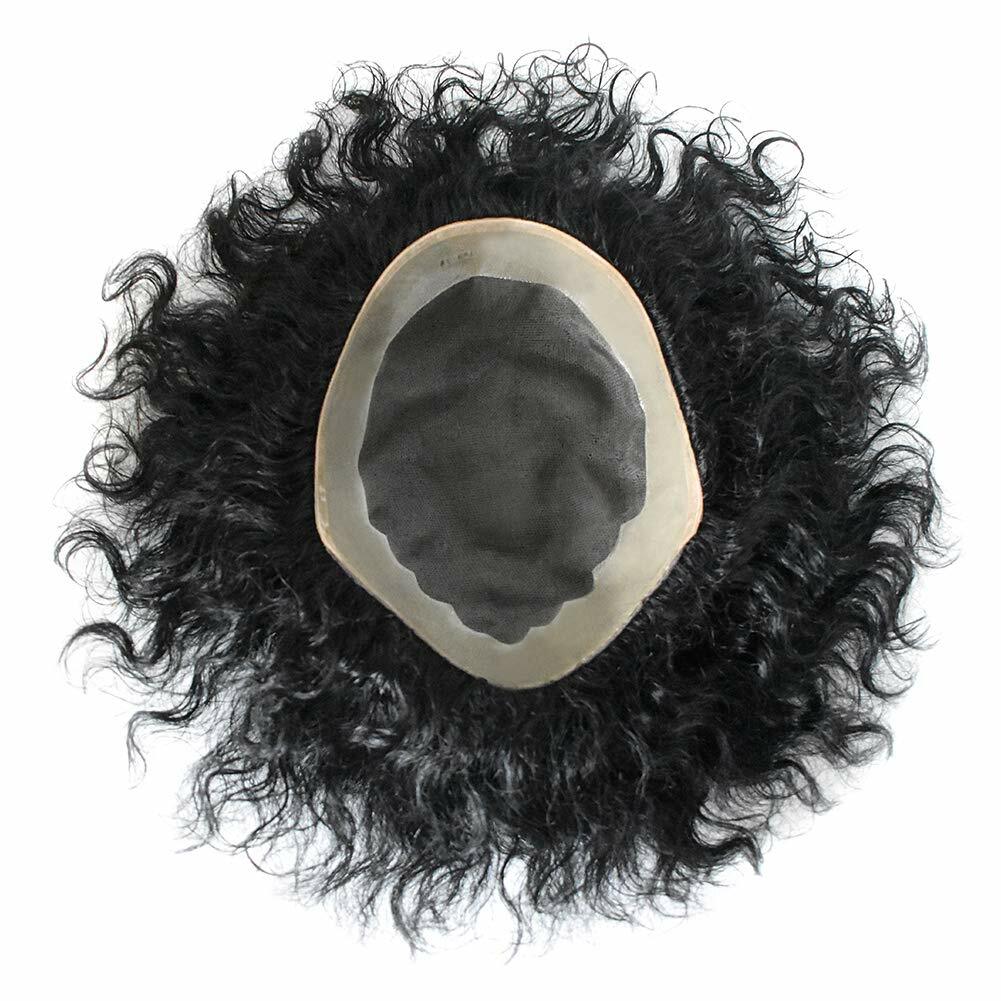 Mens Toupee Curly Wavy Human Hair Replacement System 20MM Wave Mono Poly NPU Wig