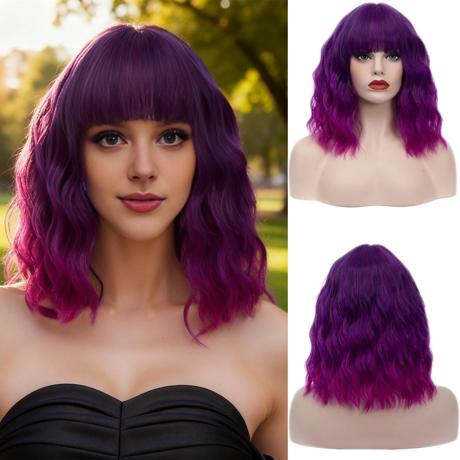Women’s Bright Purple Ombre Wig Short Curly Wavy Wig Shoulder Length Flat Ban…