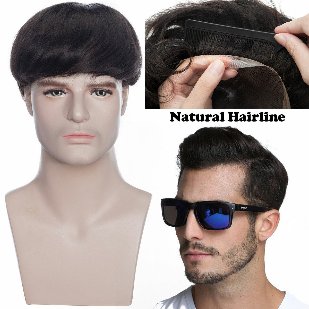 Mens Natural 100% Remy Human Hair Topper Toupee Hairpiece Super Thin Toupee Wigs