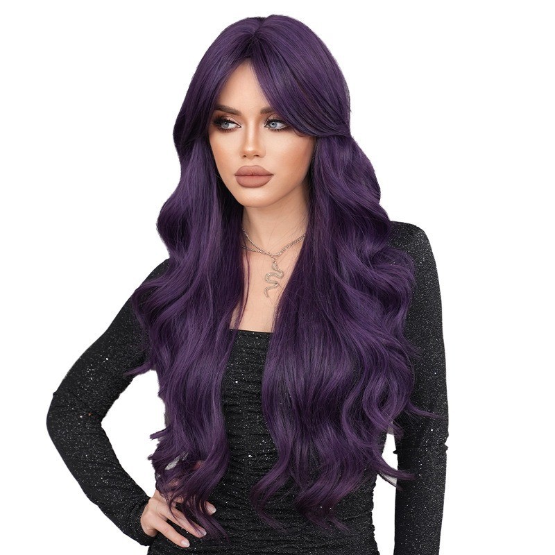 Purple wig woman with long curly hair fluffy deep purple wig full head cover