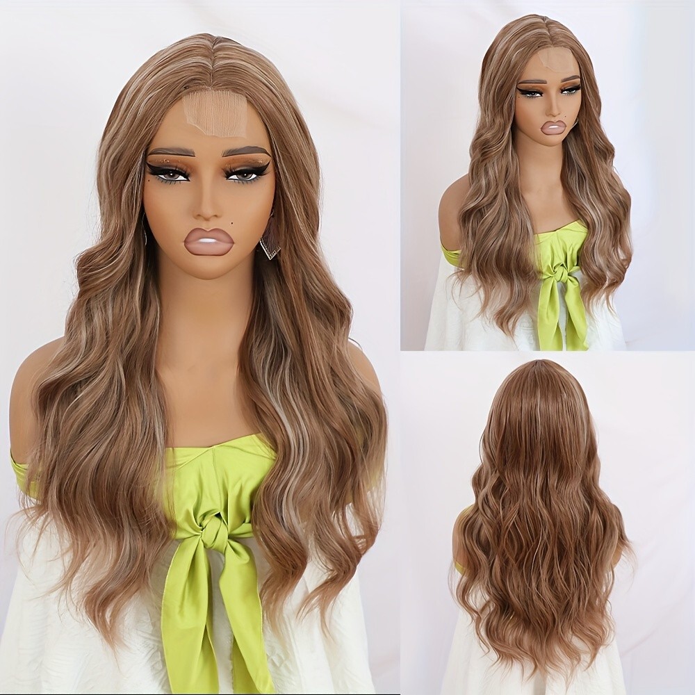 Ombre Brown Blonde Highlights Mixed Color Synthetic Wigs Middle Part Pre Plucked