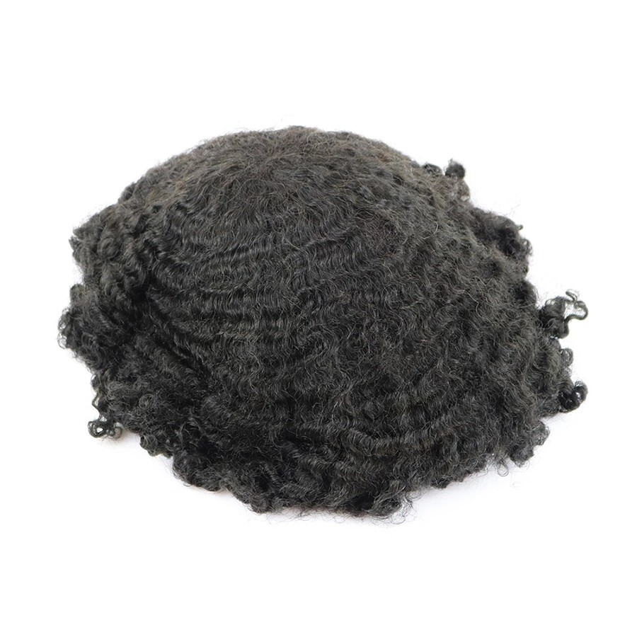 8mm Durable Skin Afro Curly Mens Toupee Black Man Weave Hair Replacement Wig
