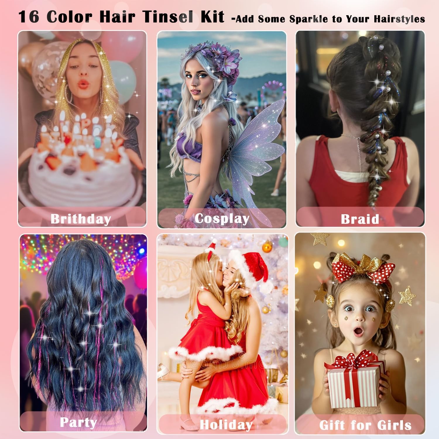 Kit de oropel para el cabello, 16 colores, 7200 mechones de oropel brillante