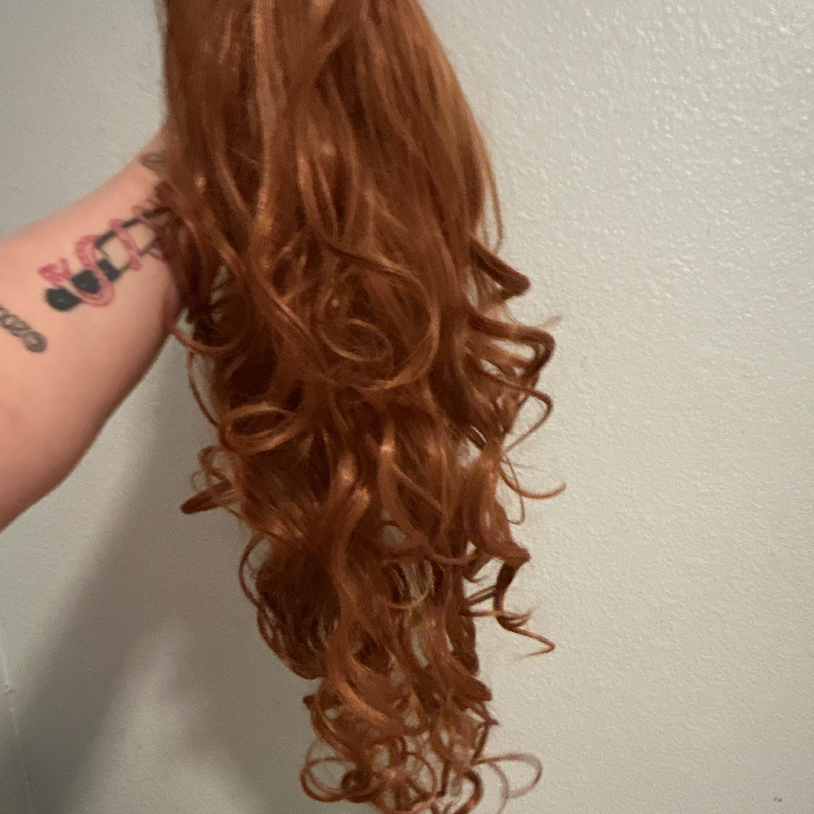 Long Curly Auburn/Copper Red Synthetic Wig, Classic Cap, Free-Part, Elastic