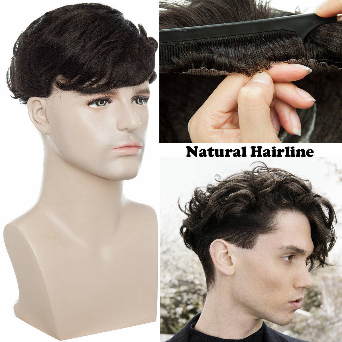 Mens Natural 100% Remy Human Hair Topper Toupee Hairpiece Super Thin Toupee Wigs