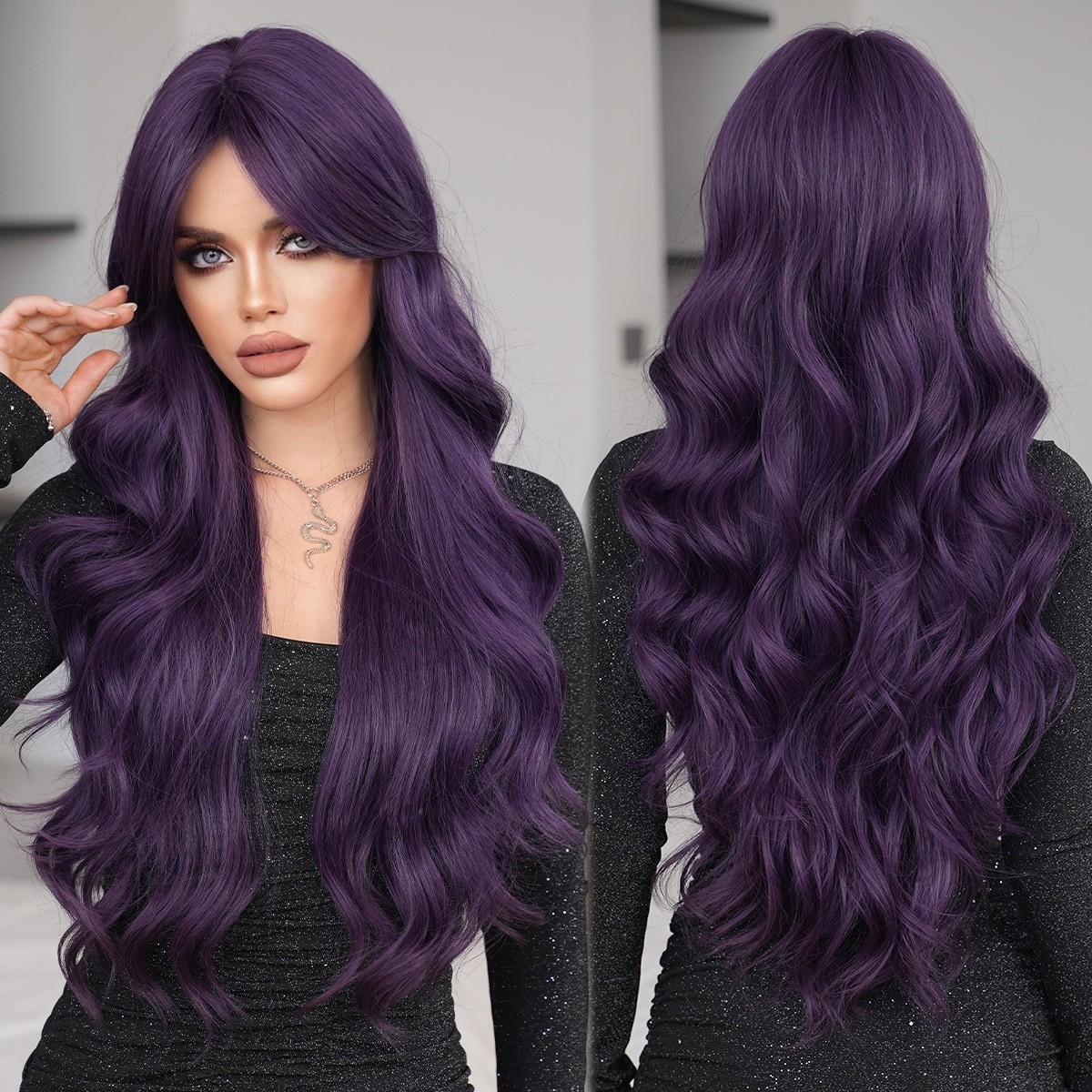 Purple wig woman with long curly hair fluffy deep purple wig full head cover