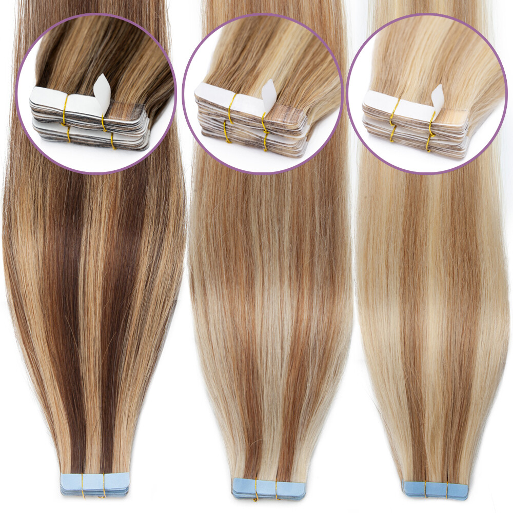 60PCS-150G Thick Tape In Remy Human Hair Extensions Full Head Skin Weft Balayage