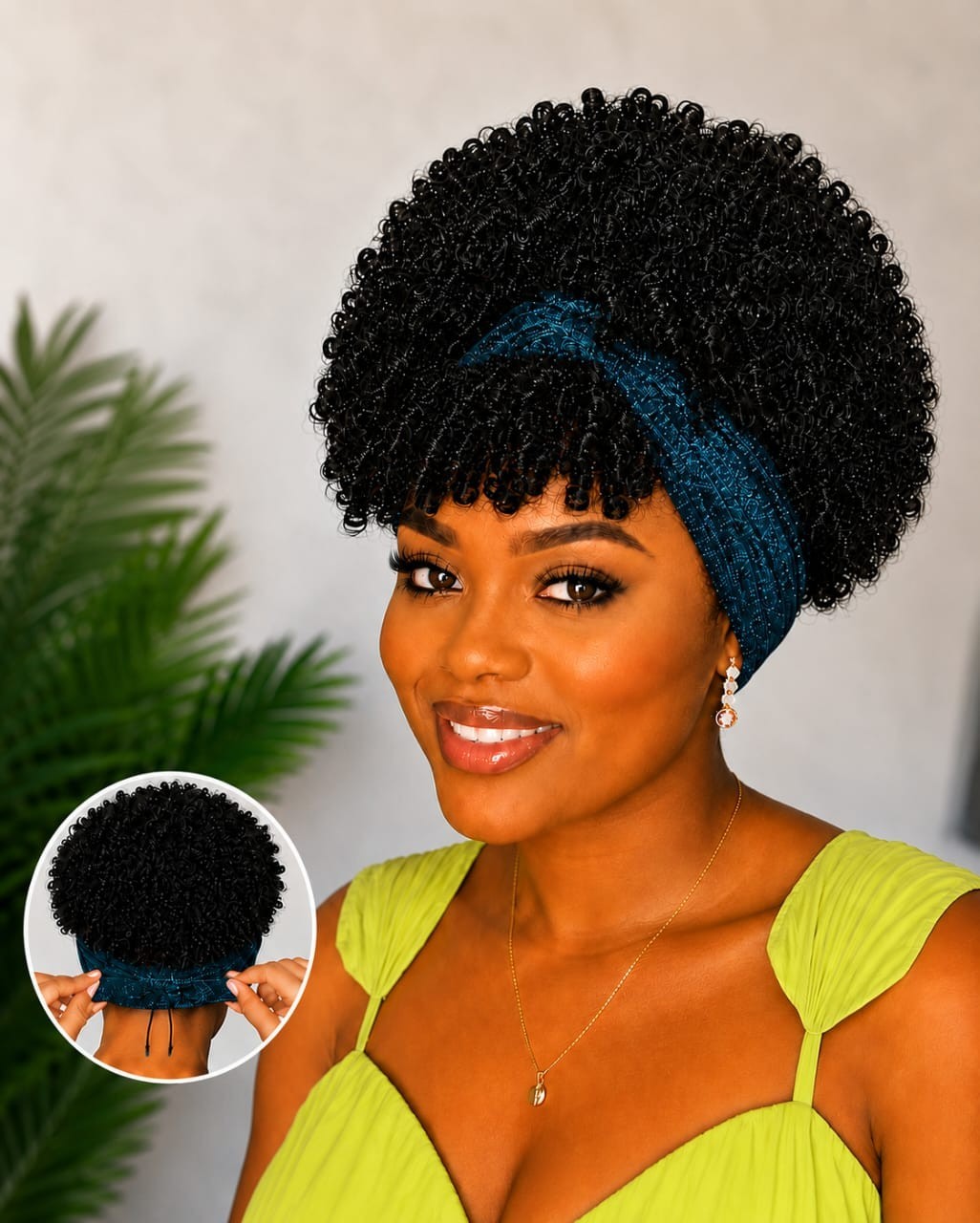 Women’s 6-Inch Short Kinky Coil Headband Wig, Dark Teal, Adjustable