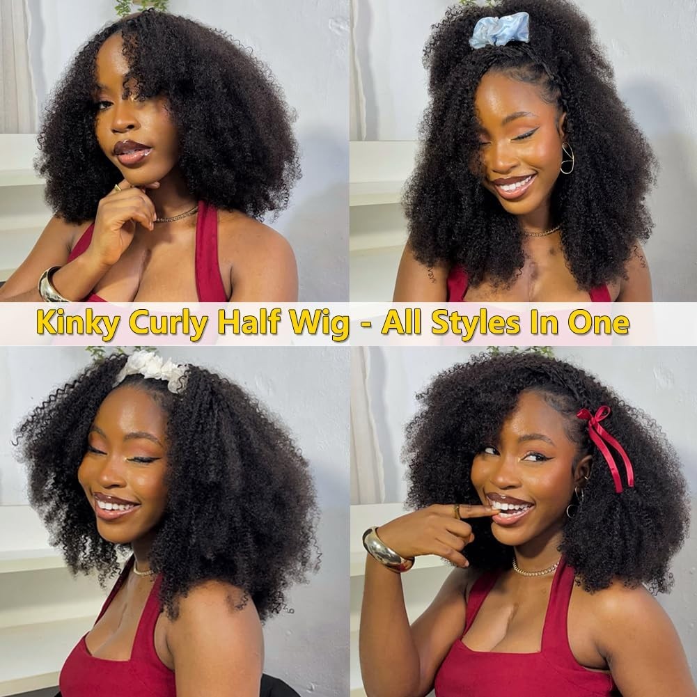 Kinky Curly 18″ Half Wig – 200 Density Drawstring Seamless Glueless Wig for Wome