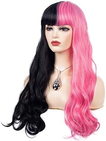 Half Pink Half Black Wavy Wigs Long Curly Wavy Split Synthetic Wig with Bangs Ha