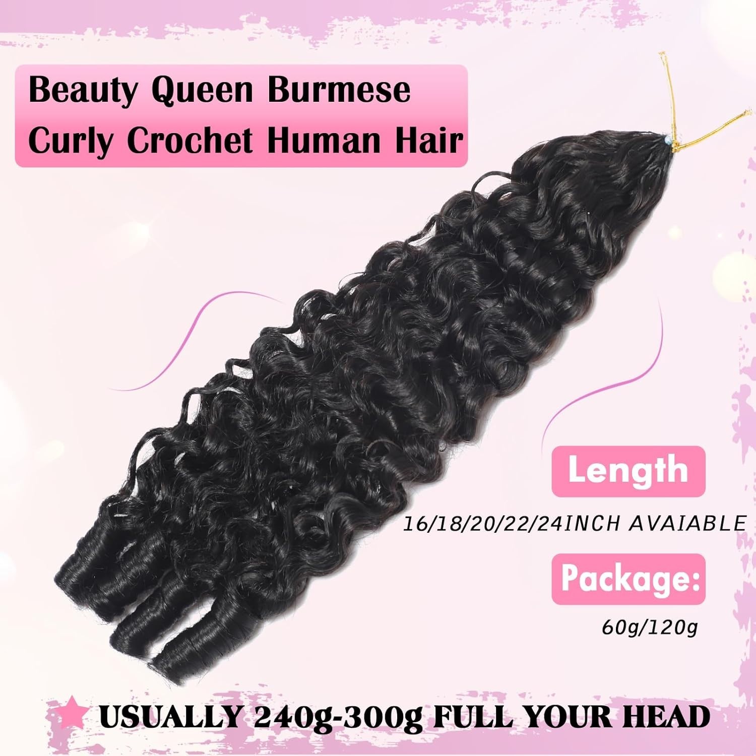 Soft 16″ Remy Curly Human Hair Crochet – Lightweight Burmese, Knotless, Reusable