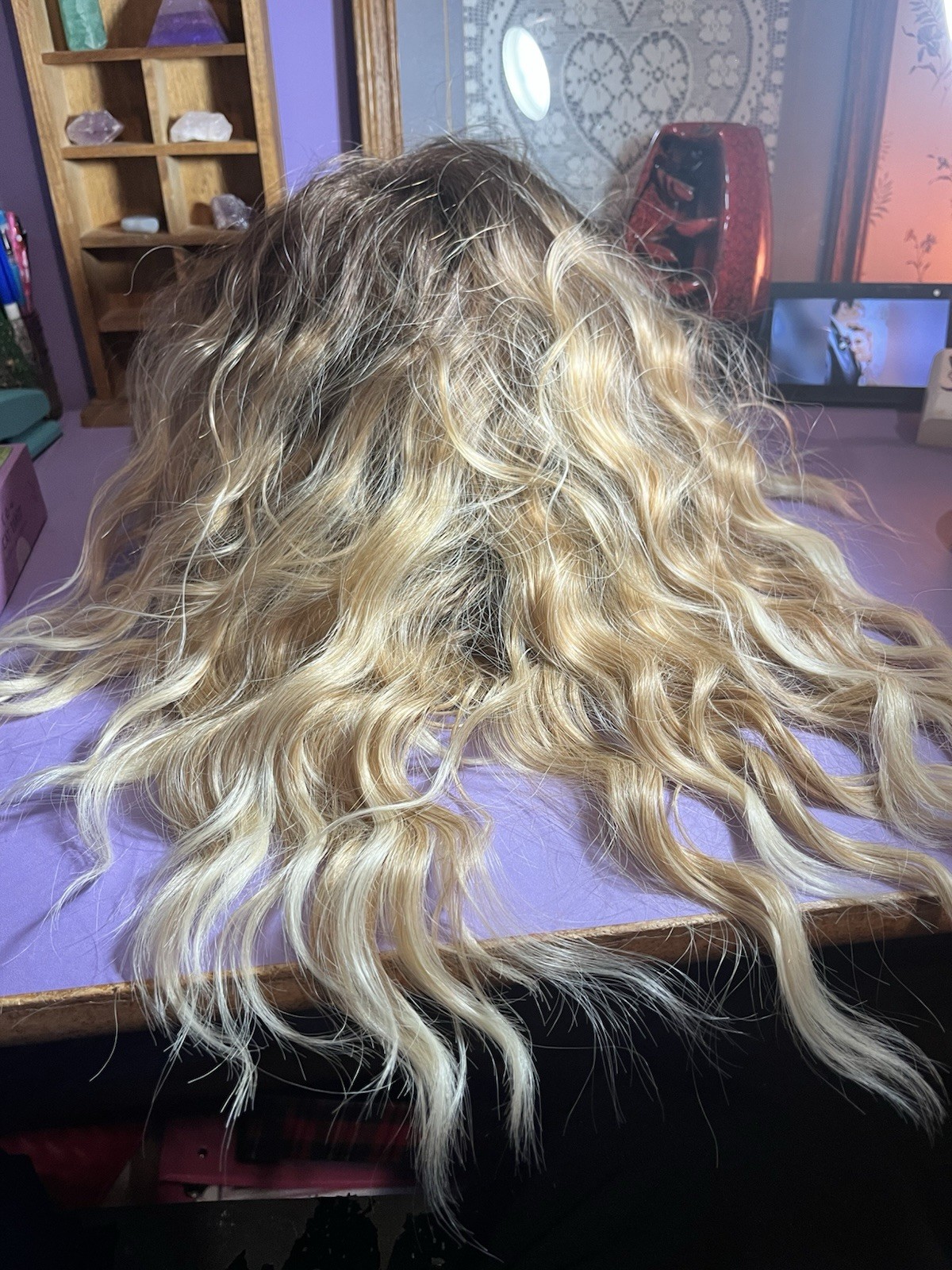 Wavy Ombré Blonde Wig w/ Dark Roots Clip-In Classic Cap Synthetic 21-30in