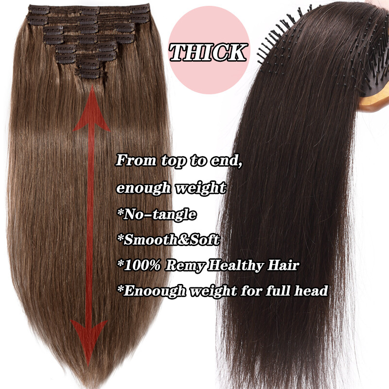US Extra Thick Remy 100% Human Hair Extensions Clip In Full Head Double Weft 18″