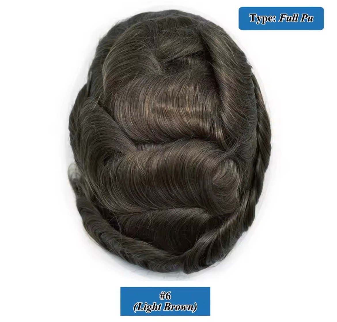 Men’s Human Hair Toupee Hairpiece Full PU Base V-Loop Wavy 8x10in
