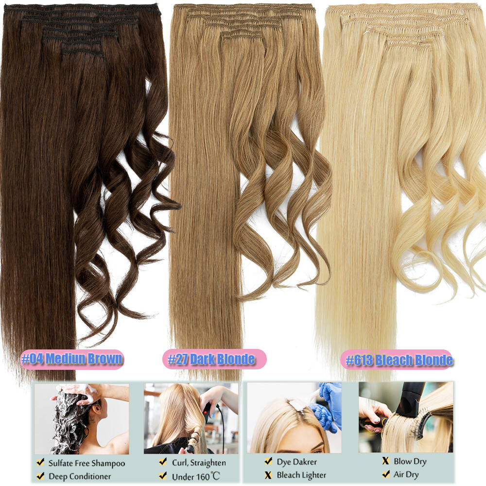 THICK Double Weft Clip In Real Remy Human Hair Extensions Full Head 8pcs Caramel