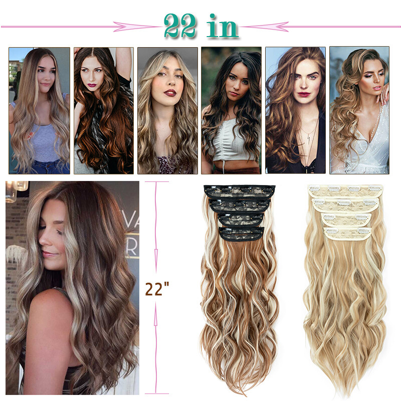 4PCS Clip In 100%Real THICK as Human Hair Extension Full Head Highlight Balayage